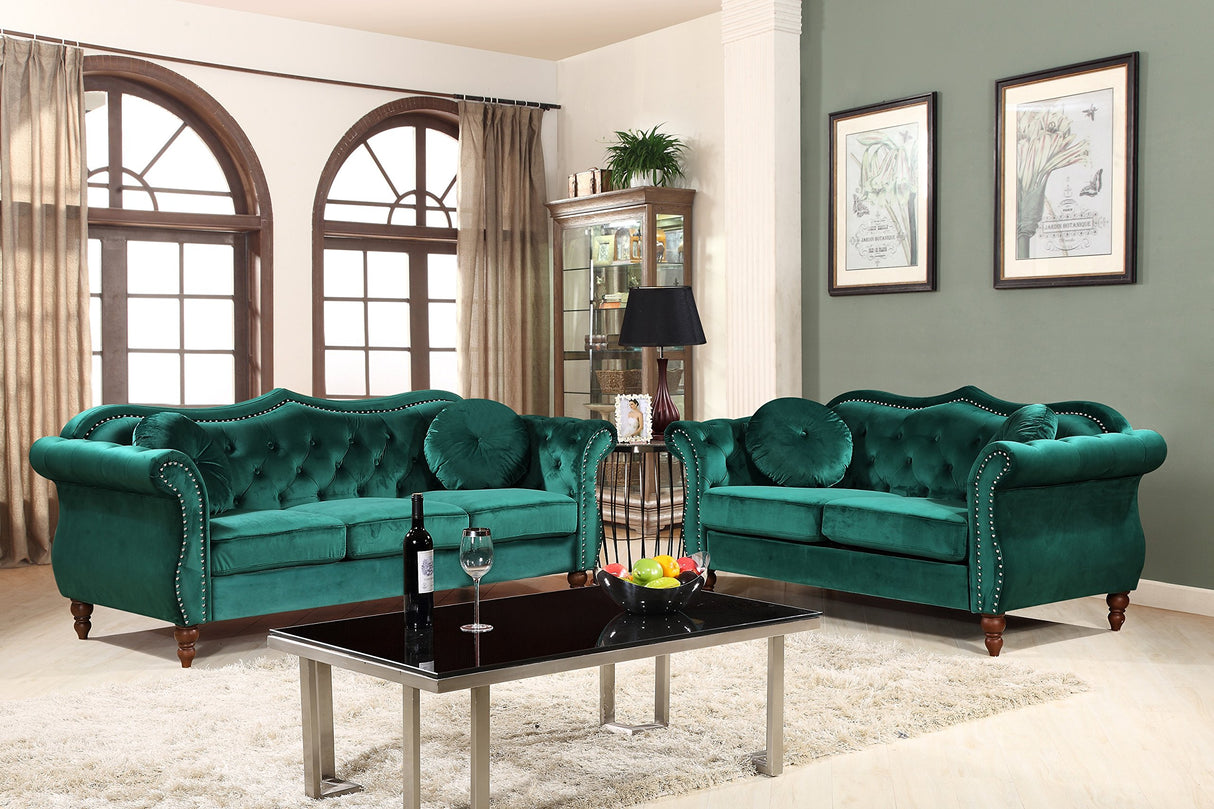 Container Furniture Direct Anna1 Chesterfield Velvet Couches for Living Room, Button Tufted Luxury Upholstery with Rolled Arms, High-Density Foam, Durable Wood Frame, 65.5" Loveseat, Lush Green Container Furniture Direct