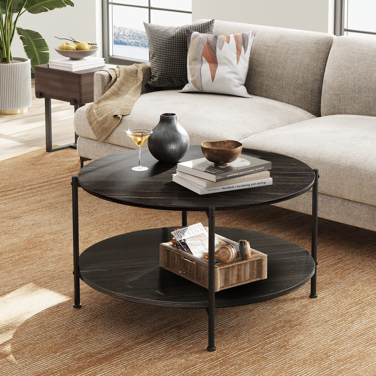 WLIVE Round Coffee Table for Living Room, 32.6" Small Coffee Table with Open Storage Shelf, 2-Tier Industrial Circle Wood Center Table for Bedroom, Home Office, Charcoal Black WLIVE