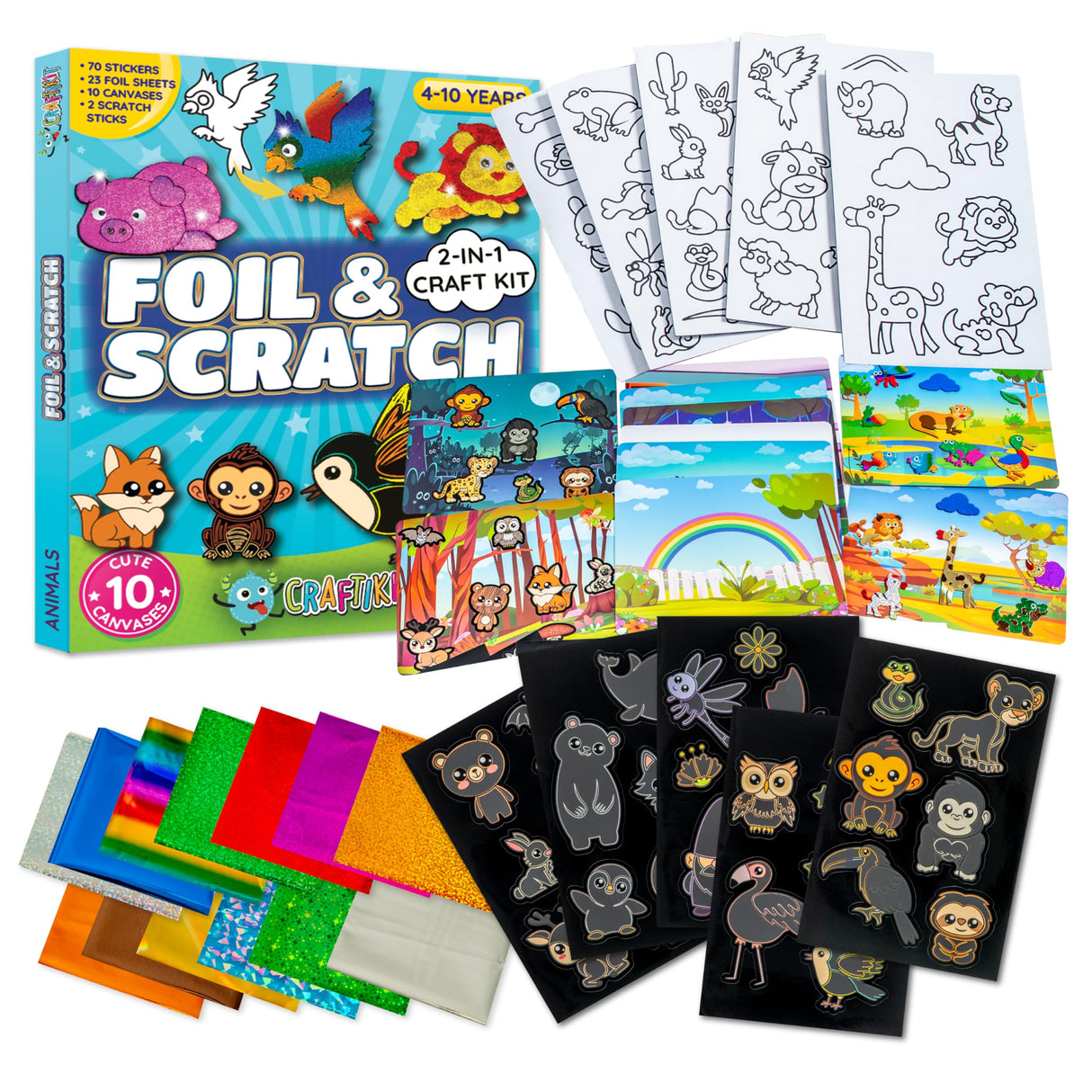 Craftikit ® Award-Winning Foil Art & Rainbow Scratch Art for Kids - 2-in-1 Arts and Crafts Kit for Kids Ages 4-10 - Animal Theme for Girls, Boys & Toddlers Ages 4, 5, 6, 7, 8, 9, 10 Craftikit
