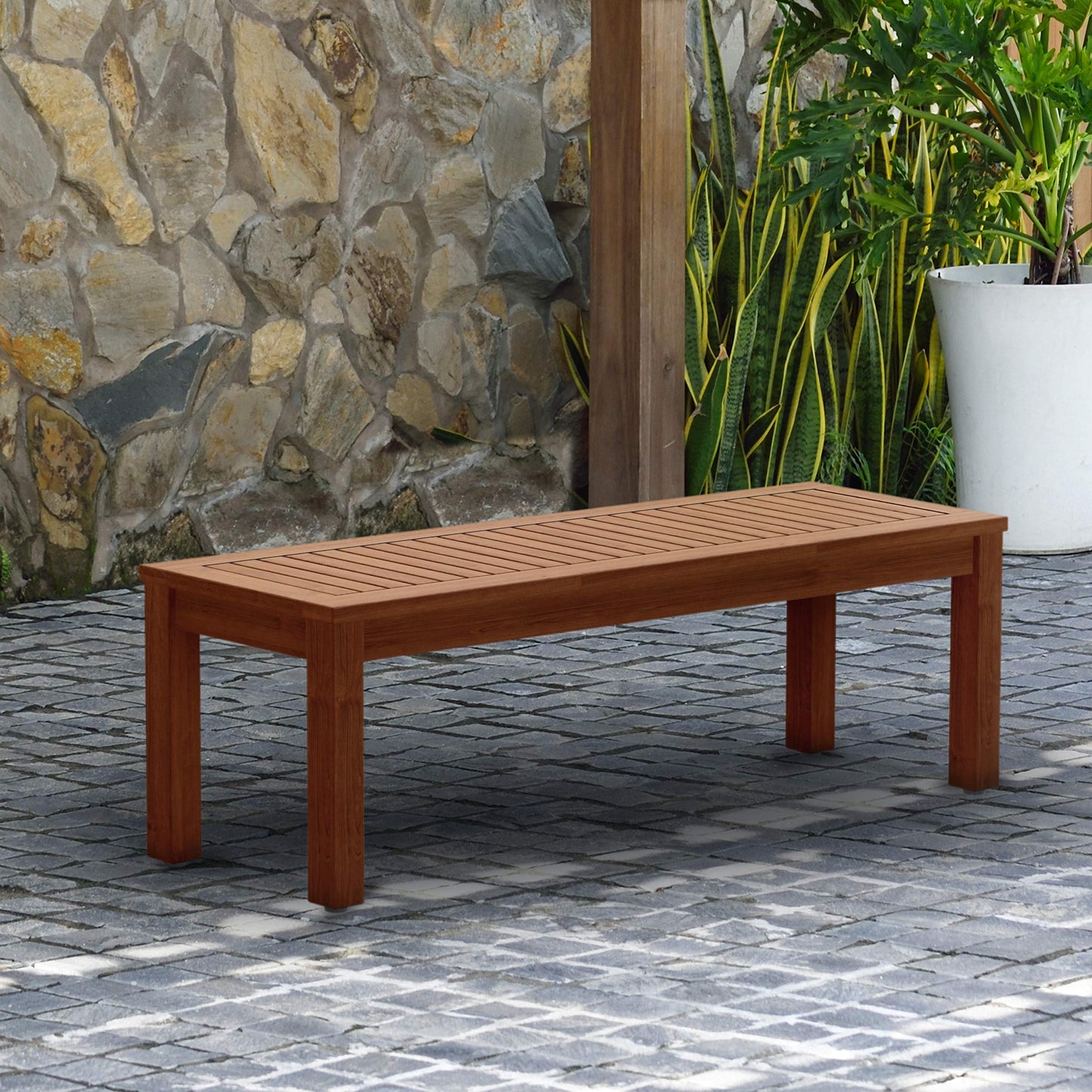 Amazonia Aster Backless Patio Bench | Eucalyptus Wood | Ideal for Outdoors and Indoors, 53", Dark Teak Finish - WoodArtSupply