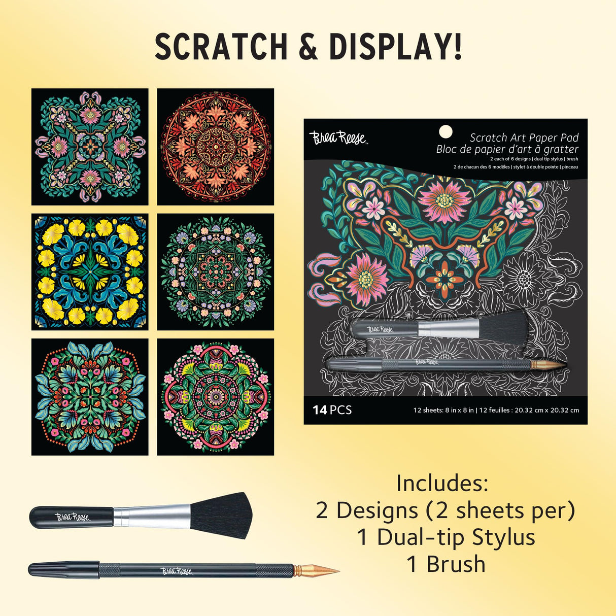 Brea Reese® Scratch Art Paper Pad - Mandala 8x8, 12 Designs, Metallic Guided Art Craft, Easy to Frame Art & Home Decor, Mindful Relaxation Brea Reese