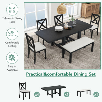 Harper & Bright Designs 6Pcs Dining Set, Farmhouse 82" Extendable Dining Table with Footrest, 4 Upholstered Chairs and Bench, 2 Removable Leaf, Solid Wood Kitchen Table Set, Black+Beige