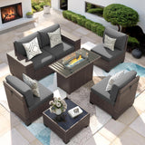 VONZOY Patio Furniture Set with Fire Pit Table, 7 Piece Outdoor Sectional Conversation Sets Wicker Rattan Sectional Sofa with Coffee Table for Patio Garden Backyard, 4'' Thickened Cushion Dark Grey VONZOY