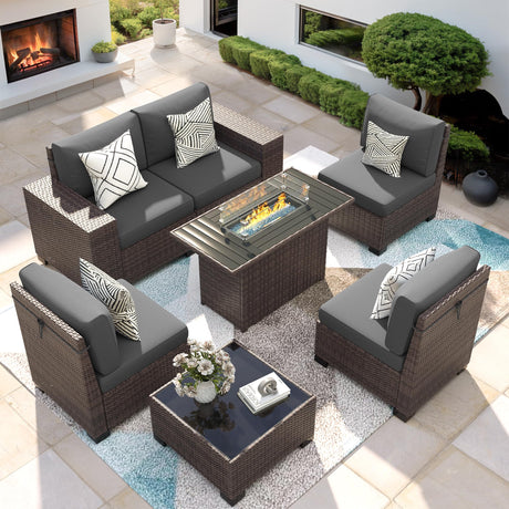 VONZOY Patio Furniture Set with Fire Pit Table, 7 Piece Outdoor Sectional Conversation Sets Wicker Rattan Sectional Sofa with Coffee Table for Patio Garden Backyard, 4'' Thickened Cushion Dark Grey VONZOY