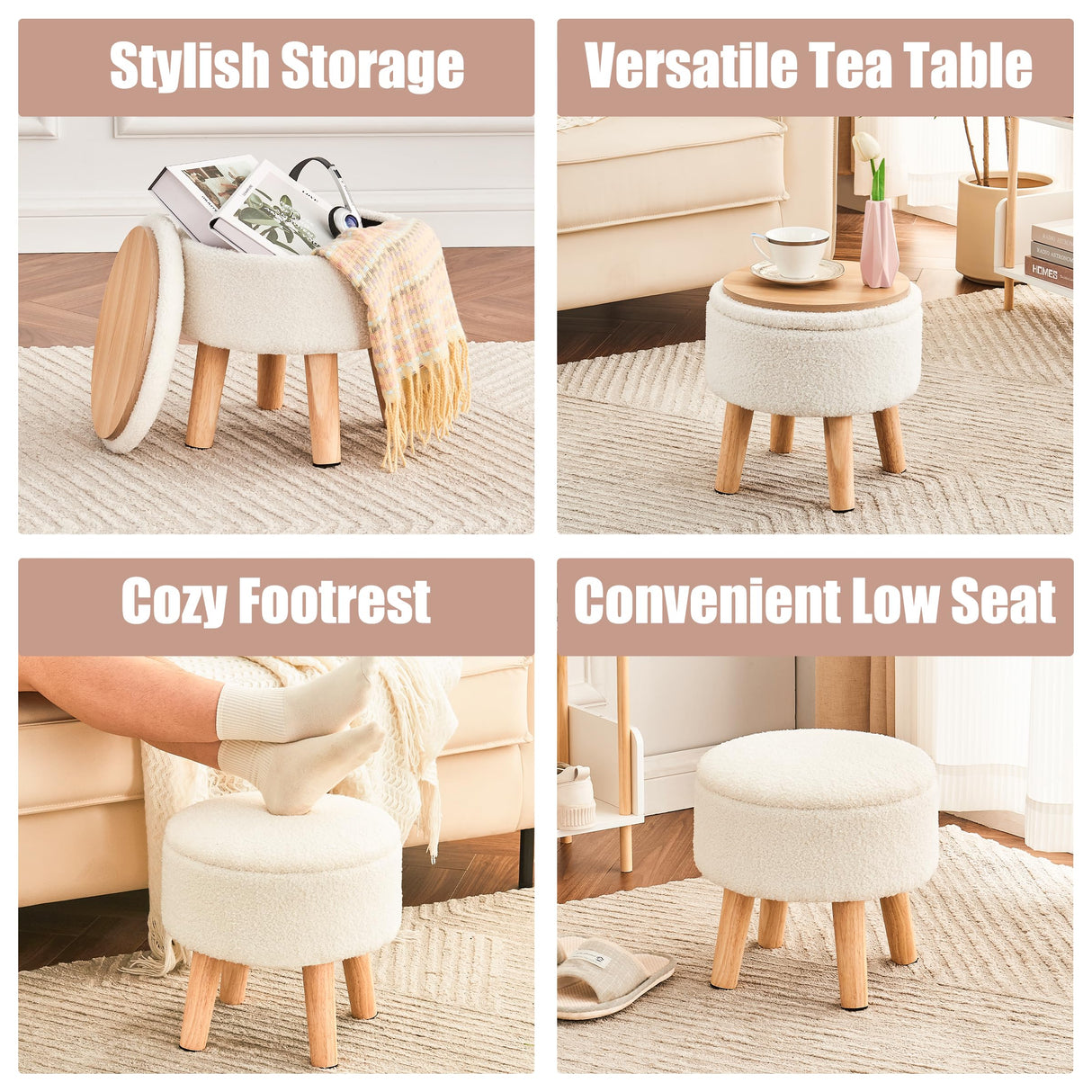 Poofzy Small Ottoman with Storage, Small Foot Stool Ottoman with Wood Legs, Sherpa Foot Rest for Couch, Living Room and Bedroom - White Poofzy
