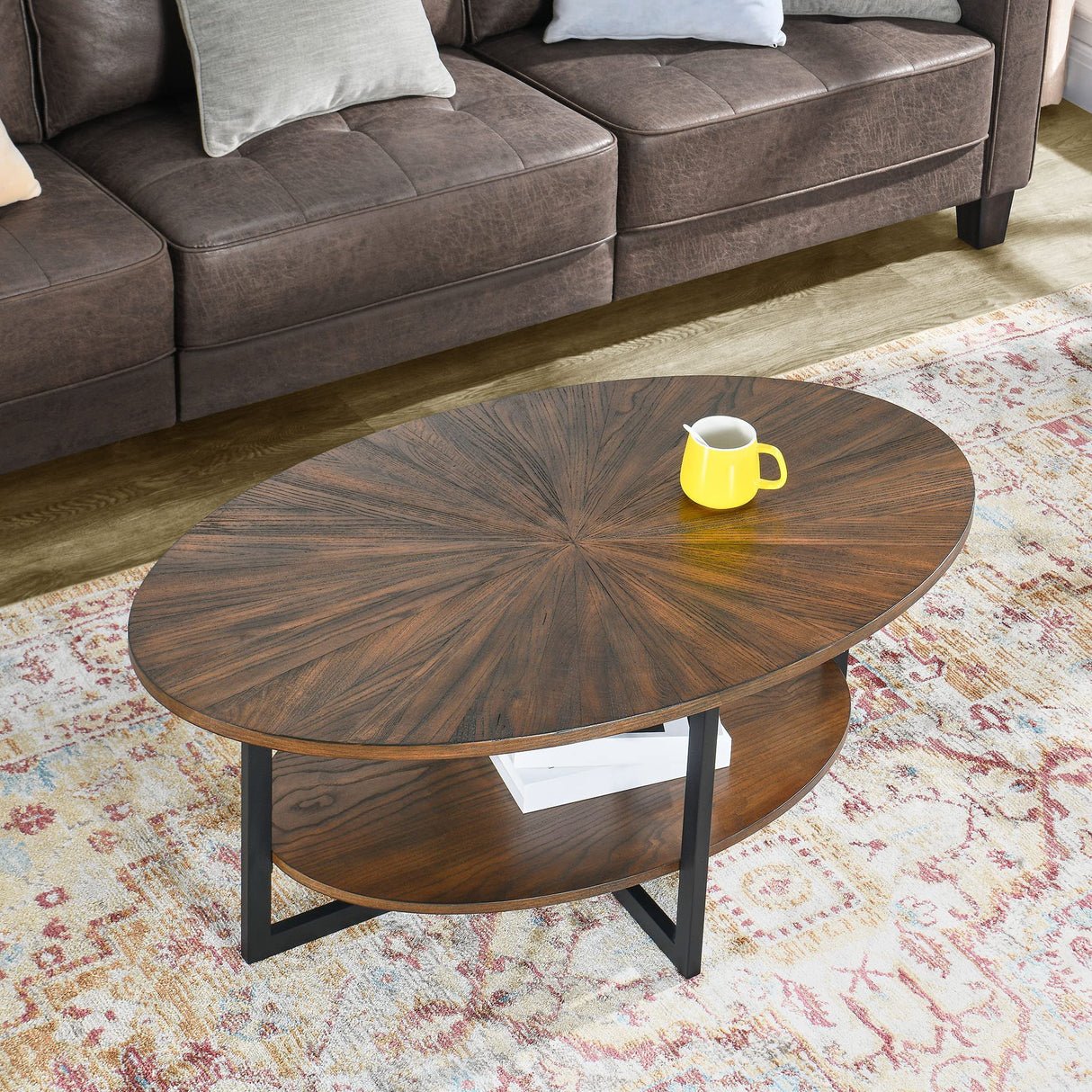 JESONVID Solid Wood Oval Coffee Table with Cross Metal Legs, 43.3in Modern Industrail Center Table with Open Shelf Cocktail Tea Table for Living Room Bedroom, Rustic Brown 1811NC JESONVID
