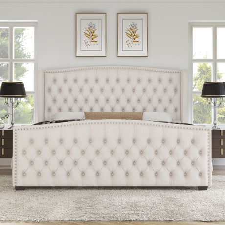 AMERLIFE King Size Platform Bed Frame, Velvet Upholstered Bed with Deep Button Tufted & Nailhead Trim Wingback Headboard/No Box Spring Required/Cream AMERLIFE