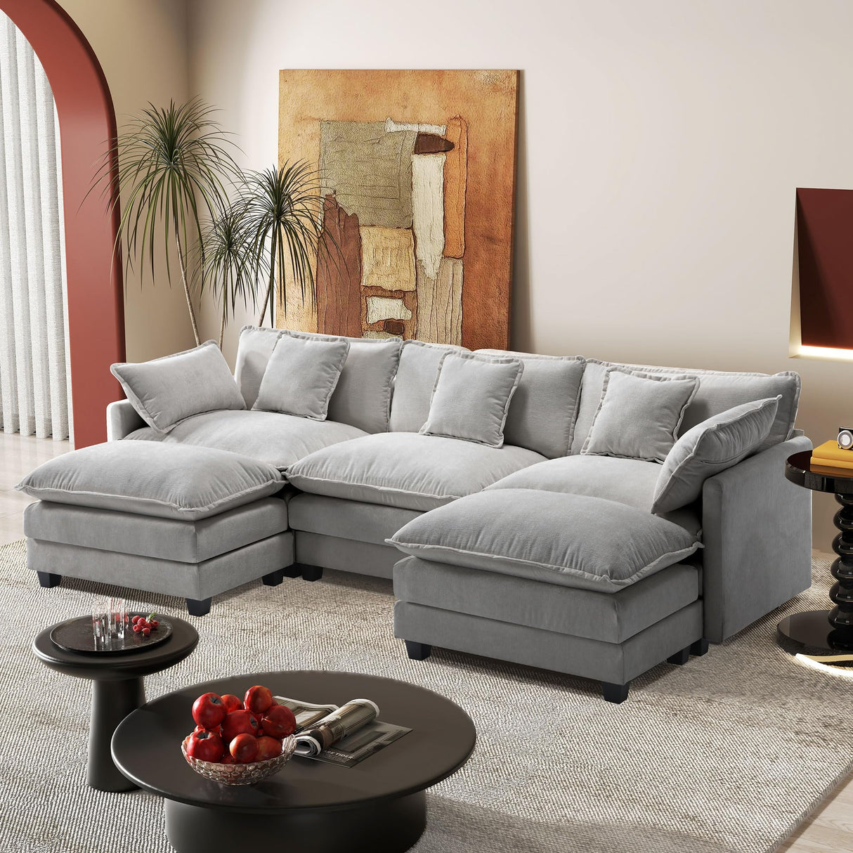 113.4" Modular Sectional Sofa,U Shaped Couch for Living Room,Modern Deep Seat Sofa 3 Seater Chenille Fabric Comfy Cloud Couches with Throw Pillows & Movable Ottoman Hanherry