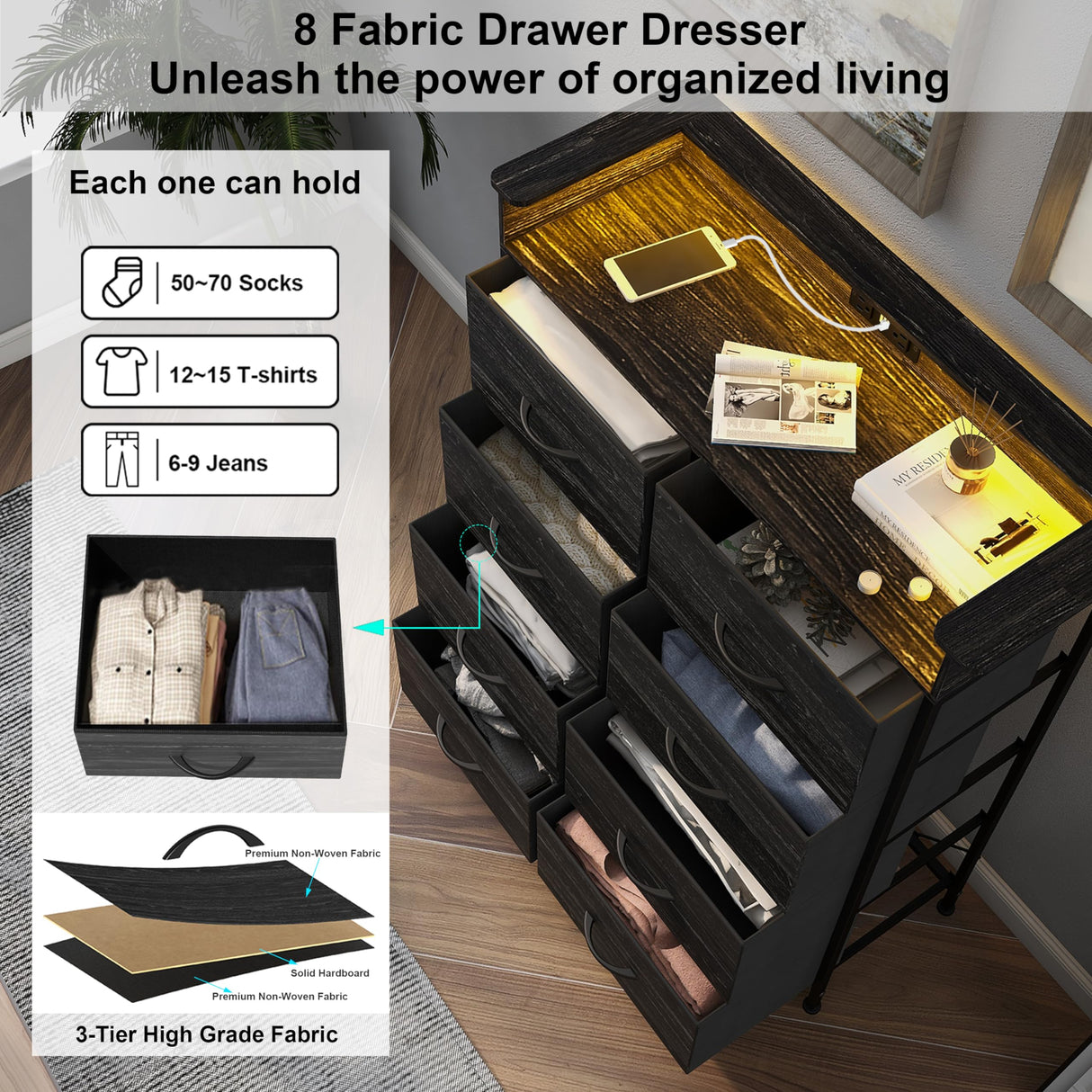 Welfuturer Fabric Dresser for Bedroom with LED Light and Charing Station Tall Dresser with 8 Drawers Black Dresser & Chest of Drawer for Closet Living Room Hallway Entryway Sturdy Steel Frame Wood Top Welfuturer