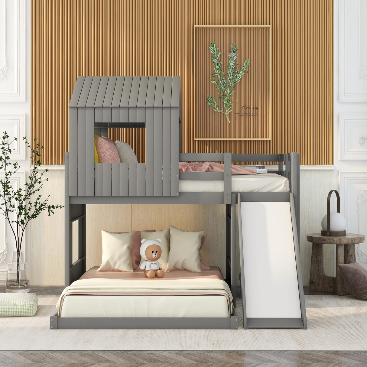 Harper & Bright Designs Grey Twin Over Full House Bunk Bed with Slide, Ladder, and Guardrails Harper & Bright Designs