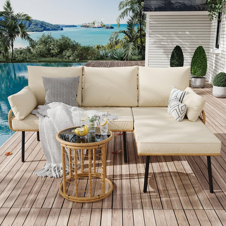 IDEALHOUSE 3-Piece Patio Furniture Set, All Weather Rattan Sofa with Tempered Glass Coffee Table and Thick Cushions, Sectional L-Shaped Patio Furniture for Deck, Poolside, Backyard, or Porch, Beige IDEALHOUSE