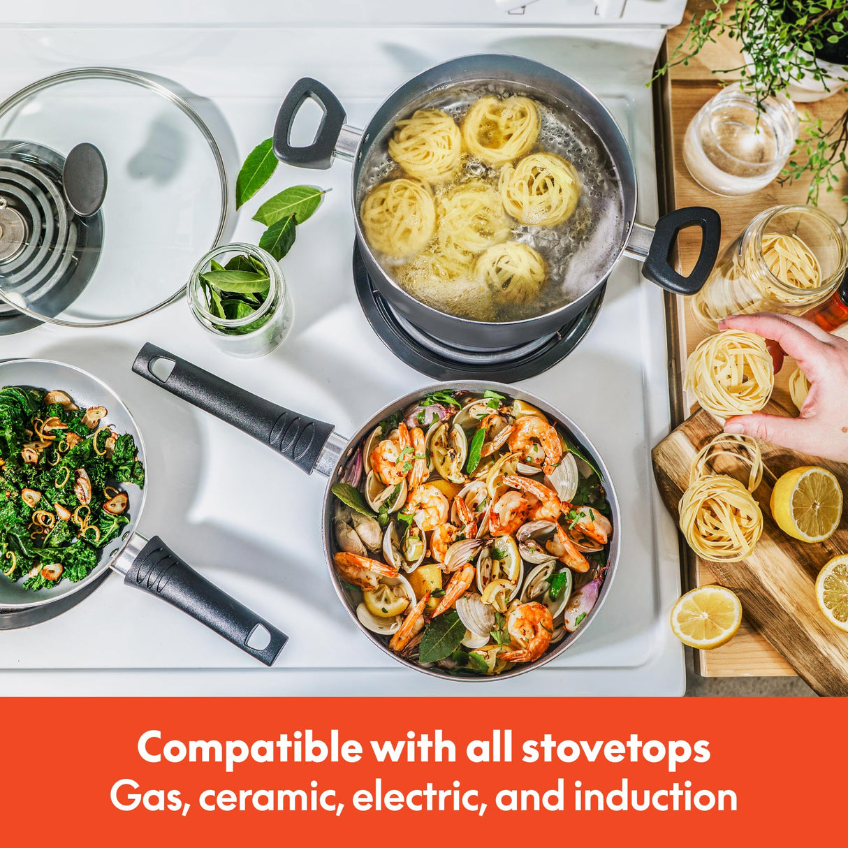 BELLA Nonstick Cookware Set with Glass Lids - Aluminum Bakeware, Pots and Pans, Storage Bowls & Utensils, Compatible with All Stovetops, 21 Piece, Black BELLA