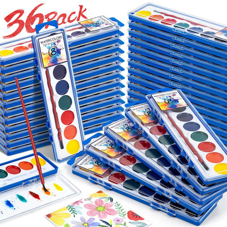 36 Pack Watercolor Paint Set Bulk,8 Colors Washable WaterColor Paint for Kids, Water Color Paint with Brushes, Ideal Gift for Party Favors, Art Supplies for School Classroom Home Duchong