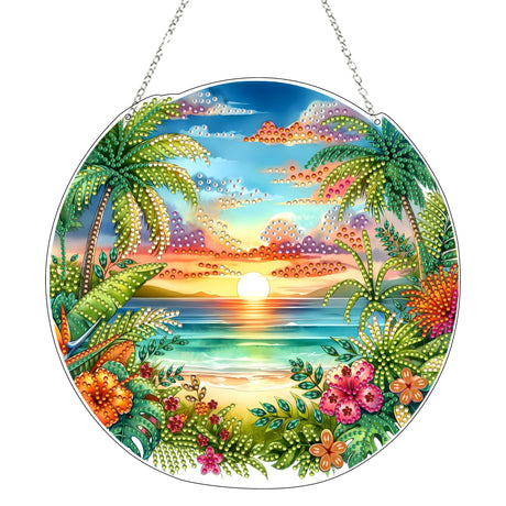 JJFox Diamond Art Hanging Kit for Adult,Special Shaped Rhinestone,Double Sided DIY Acrylic 5D Diamond Art Painting Window Pendants Home Garden Wall Hanging Kits Hanging Ornament (Summer Beach) JJFox