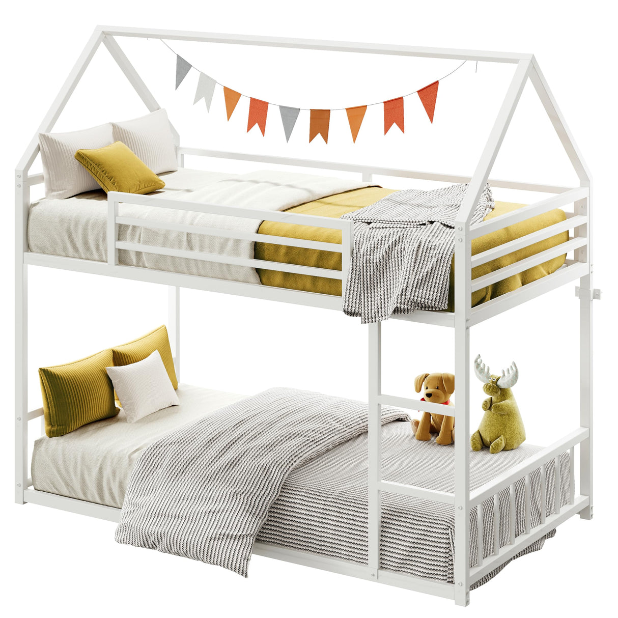 LIKIMIO Bunk Bed Twin XL Over Twin XL, Metal Bunk Bed Frame with Ladder and Guardrail, House Shaped with Metal Slats for Dormitory and Bedroom, Space Saving, No Box Spring Needed, White LIKIMIO