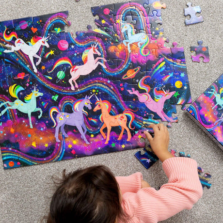 Crocodile Creek 100-Piece Jigsaw Puzzle for Kids Ages 5 and Up - Fun and Educational Table or Floor Holographic Foil Puzzle - Heavy-Duty Box for Storage - Unicorn Galaxy - 24" x 18" Finished Crocodile Creek
