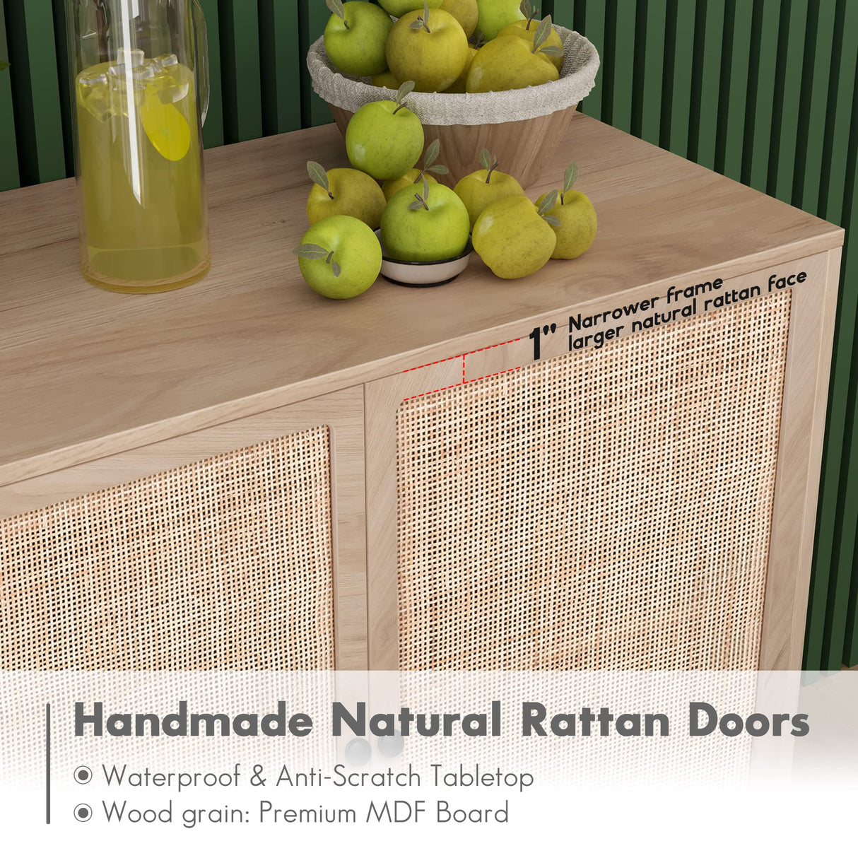 Yechen Sideboard Storage Cabinet with 3 Handmade Natural Rattan Doors, Rattan Cabinet Buffet Table Accent Credenza Console Cupboard, for Living Room Dining Room Entryway Kitchen Yechen