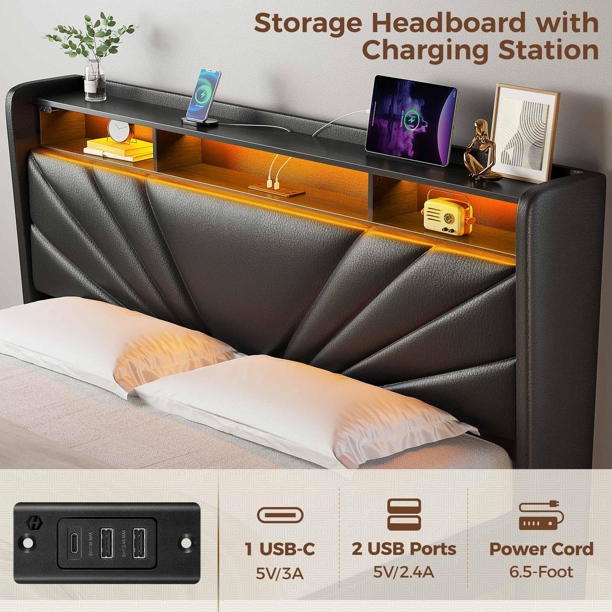 Rolanstar Full Size Bed Frame, Storage Headboard with Charging Station and LED Lights, Upholstered Bed with Heavy Duty Wood Slats, No Box Spring Needed, Noise Free, Easy Assembly, Black Rolanstar