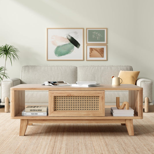 Soohow Coffee Table, Living Room Tables, Modern Square Coffee Table with Rattan Drawer, Wooden Living Room Table, Mid Century Coffee Table with Storage for Living Room - WoodArtSupply