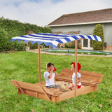 Kids Sandbox with Adjustable Cover and Foldable Bench Seats, 46''x46'' Outdoor Wooden Sandpit for Backyard Play SoliWood