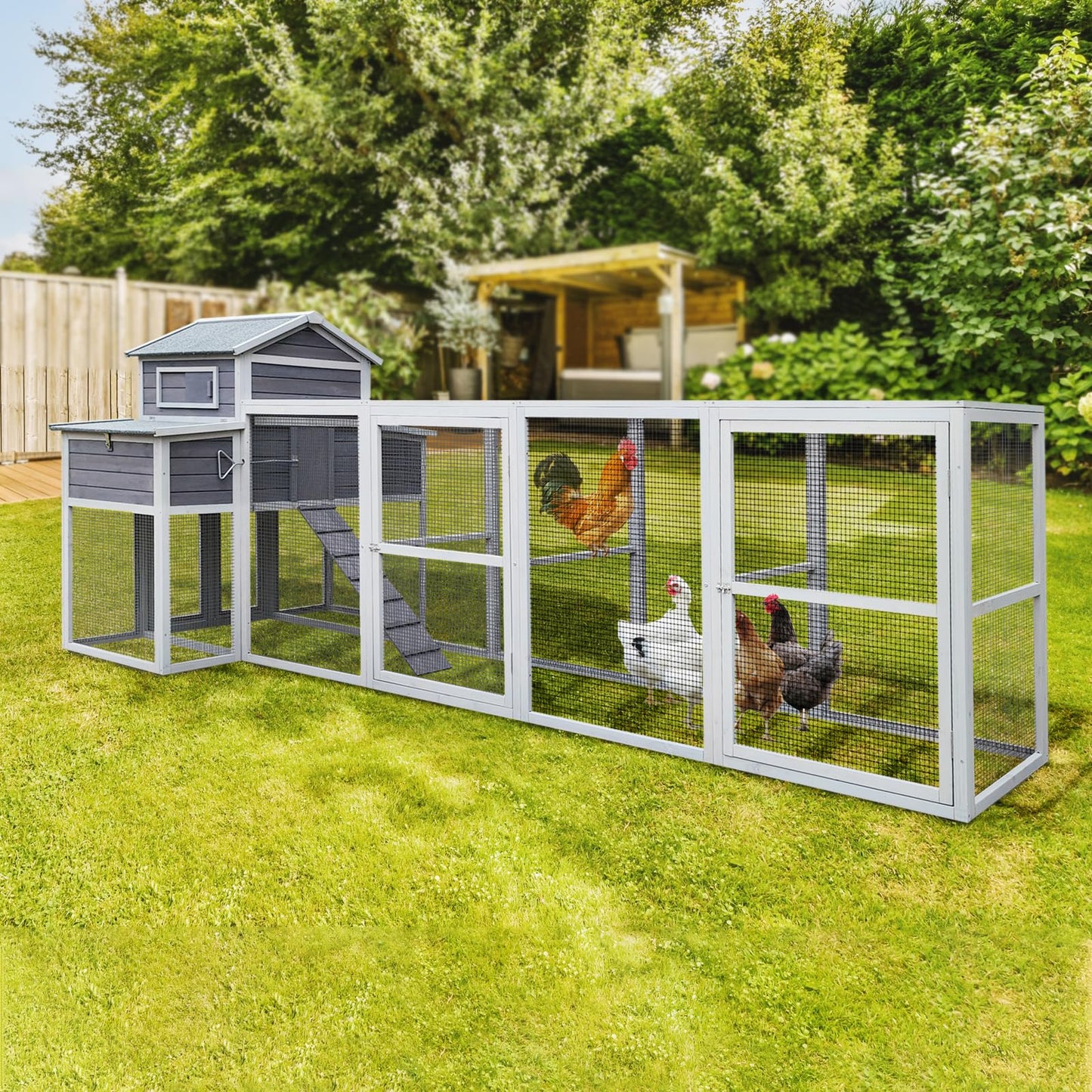 YOPTO 150" Chicken Coop with Two Nesting Boxes and Sliding Door,Outdoor Wooden Extra Large Hen House w/Built-in Slide-Out Tray,Rust-Proof Metal Wire Poultry Cage,5 Perches,Gray