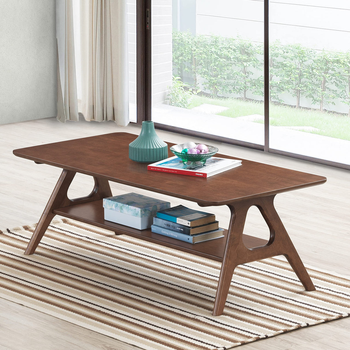Arona Mid-Century Modern Wood Coffee Table with Shelf Roundhill Furniture