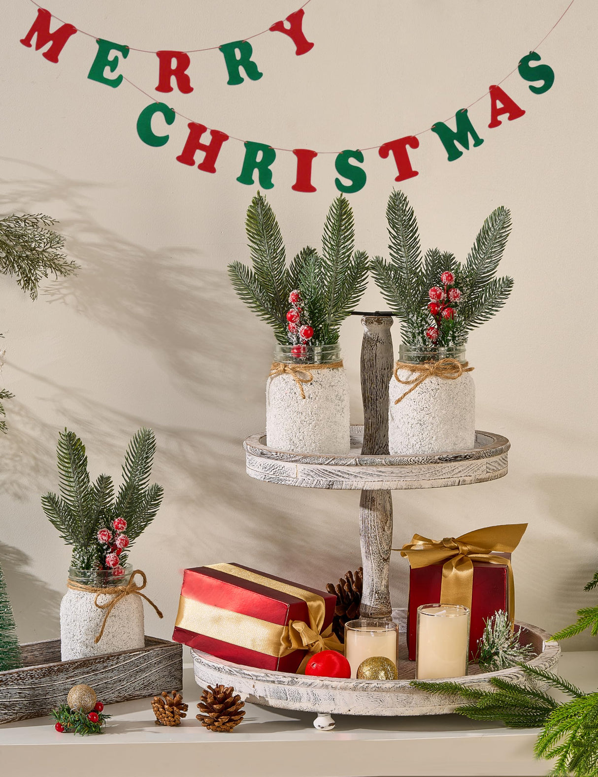 KIVIVO Christmas Centerpieces for Tables, Table Decor with Mason Jar, Flowers Picks, Farmhouse Wood Tray, 23 Pcs Christmas Winter Table Decorations Centerpieces, Xmas Holiday, Kitchen, Dining Decor KIVIVO