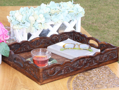 Hand Carved Wooden Serving Tray - Decorative Breakfast Tray with Handles - Rustic Wooden Food Tray with Intricate Detail - Unique Furnishing Accent - Natural Finish - 17 x 13 x 2.5 Inch - COTTON CRAFT