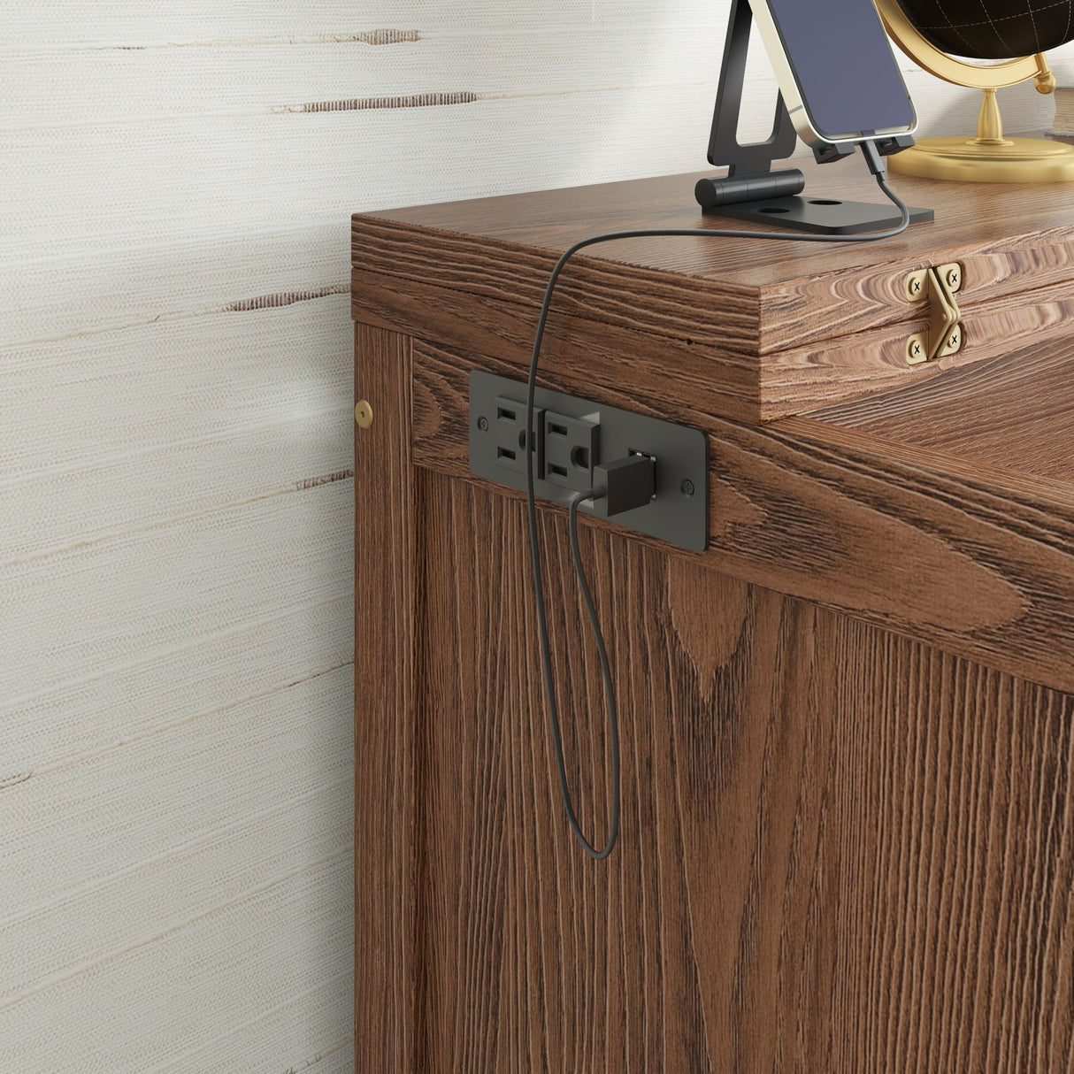 DNChuan Queen Size Murphy Cabinet Bed with Desk and USB-Port,Foldable Murphy Chest Dresser Bed with Removable Shelves on Each Side for Guest Room,Small Space-Walnut DNChuan