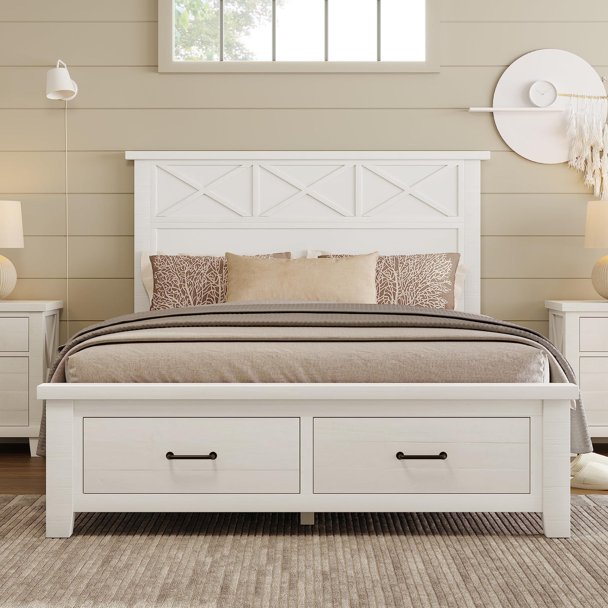 XD Designs Rustic Farmhouse 3 Pieces Bedroom Sets, Wood Queen Size Platform Bed with 2 Nightstands and Footboard Drawer Storage, Sturdy Slats Support (Whitewash-3ps) XD Designs