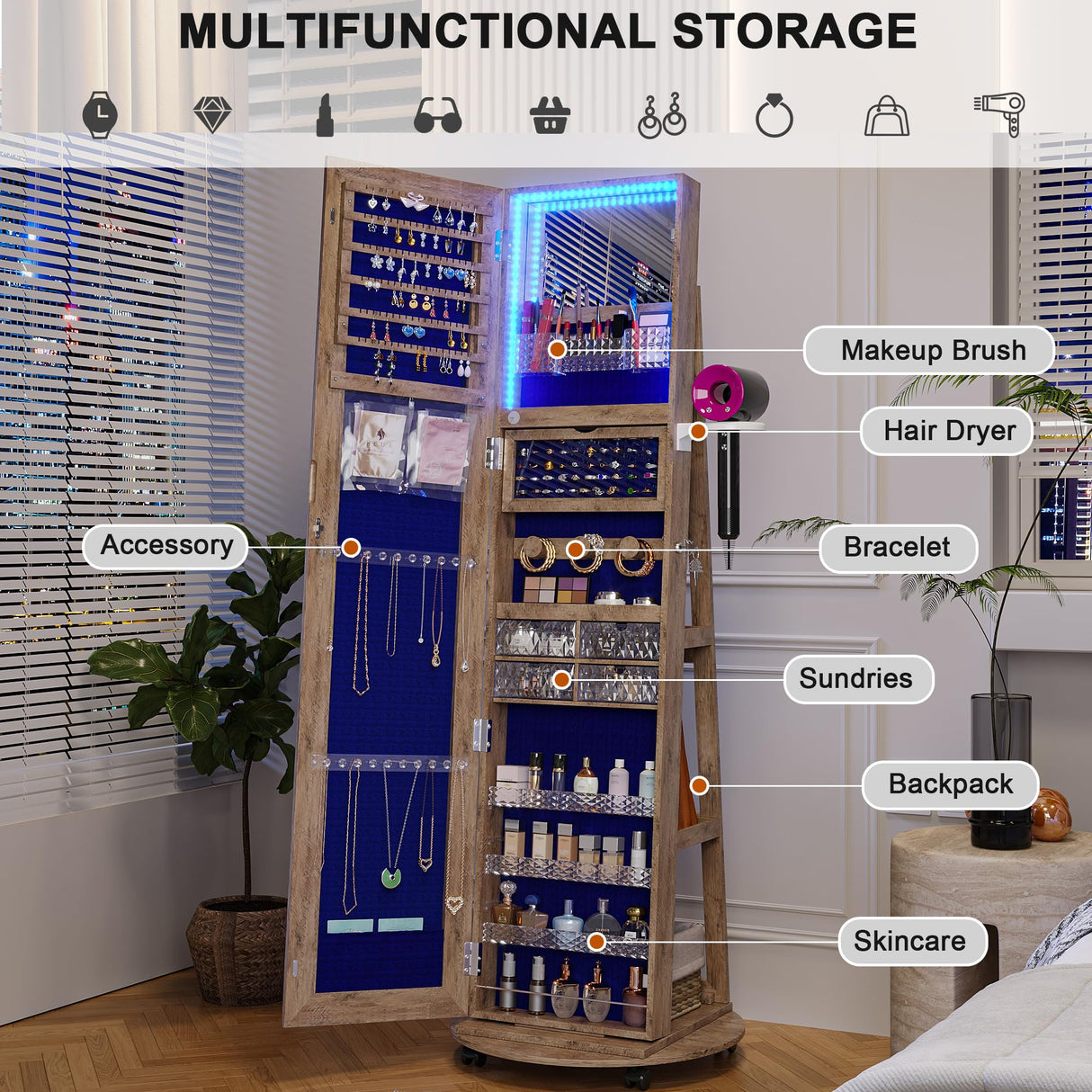 HNEBC 360° Swivel Jewelry Armoire with Mirror, LED Mirror Jewelry Cabinet Standing, Full Length Mirror with Jewelry Storage, Standing Jewelry Organizer/Lockable Wheels/Foldable Makeup Shelf (Wood) HNEBC