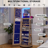 HNEBC 360° Swivel Jewelry Armoire with Mirror, LED Mirror Jewelry Cabinet Standing, Full Length Mirror with Jewelry Storage, Standing Jewelry Organizer/Lockable Wheels/Foldable Makeup Shelf (Wood) HNEBC