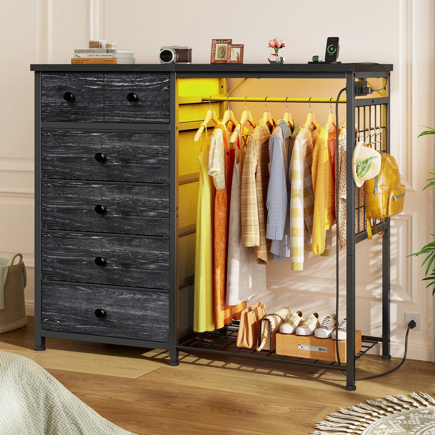 EnHomee 49.2" W Dresser for Bedroom with Hanging Rack 6 Drawers Dresser with LED Lights Fabric Dressers & Chest of Drawer with Clothes Rack,Wooden Top,Grid Panel,Closet,Black 49.2" Wx47.2 Hx15.8 D