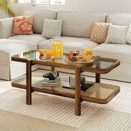 Tangkula Rattan Coffee Table, 47.5”L Boho Cocktail Tables, 2-Tier Center Table with Tempered Glass Tabletop, PE Rattan Shelf & Acacia Wood Frame, Mid Century Modern Tea Table for Living Room (Natural) Tangkula