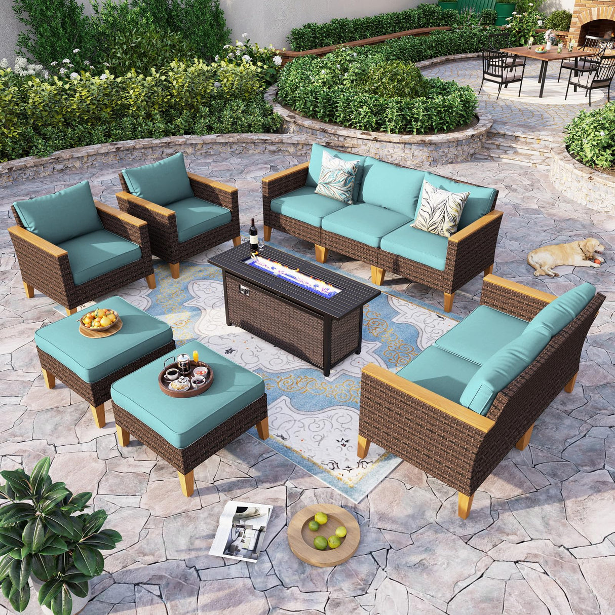 Sophia & William Patio Furniture Set with Fire Pit Table, 10 Piece Outdoor Wicker Furniture Sectional Sofa, Extra Large Patio Rattan Conversation Set with Ottoman & 56" Fire Pit Table(Aqua Blue) Sophia & William