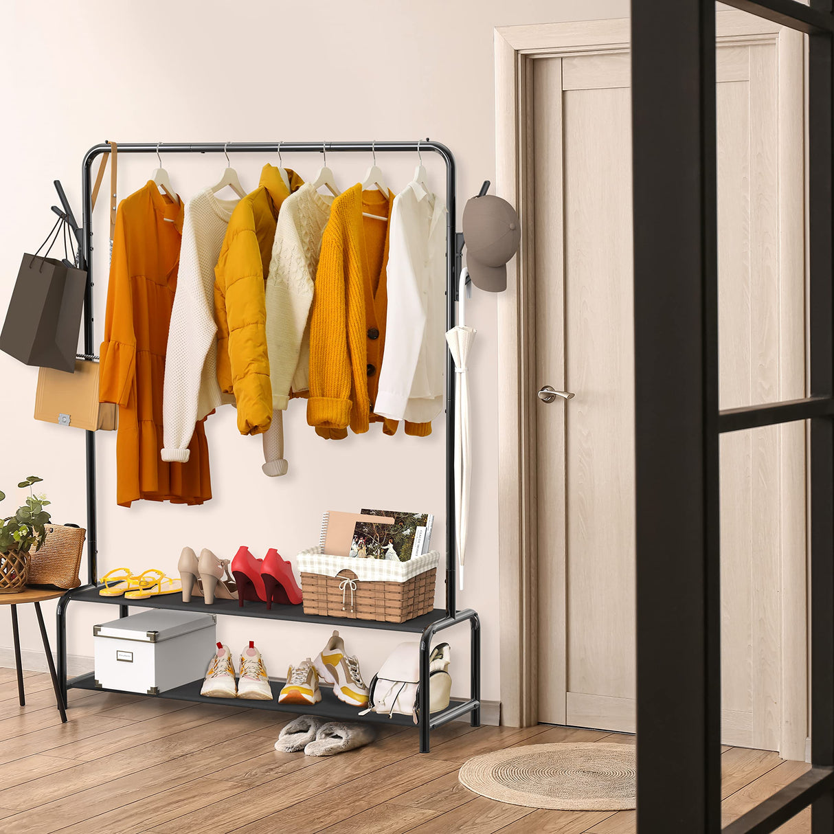 Simple Houseware Garment Rack with Storage Shelves and Coat/Hat Hanging Hooks Simple Houseware
