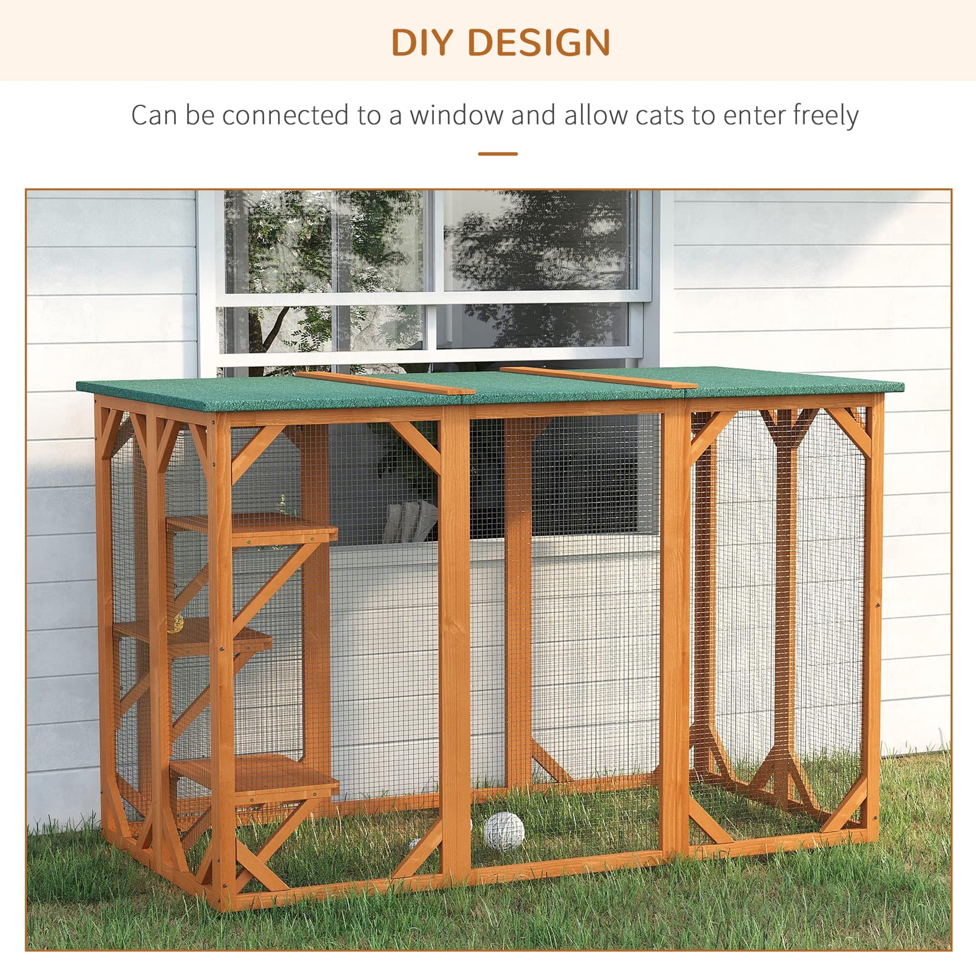 PawHut Outdoor Cat House, Catio Wooden Feral Cat Shelter, Cat Cage with Platforms, Large Enter Door, Weather Protection Asphalt Roof, 71" L, Orange - WoodArtSupply