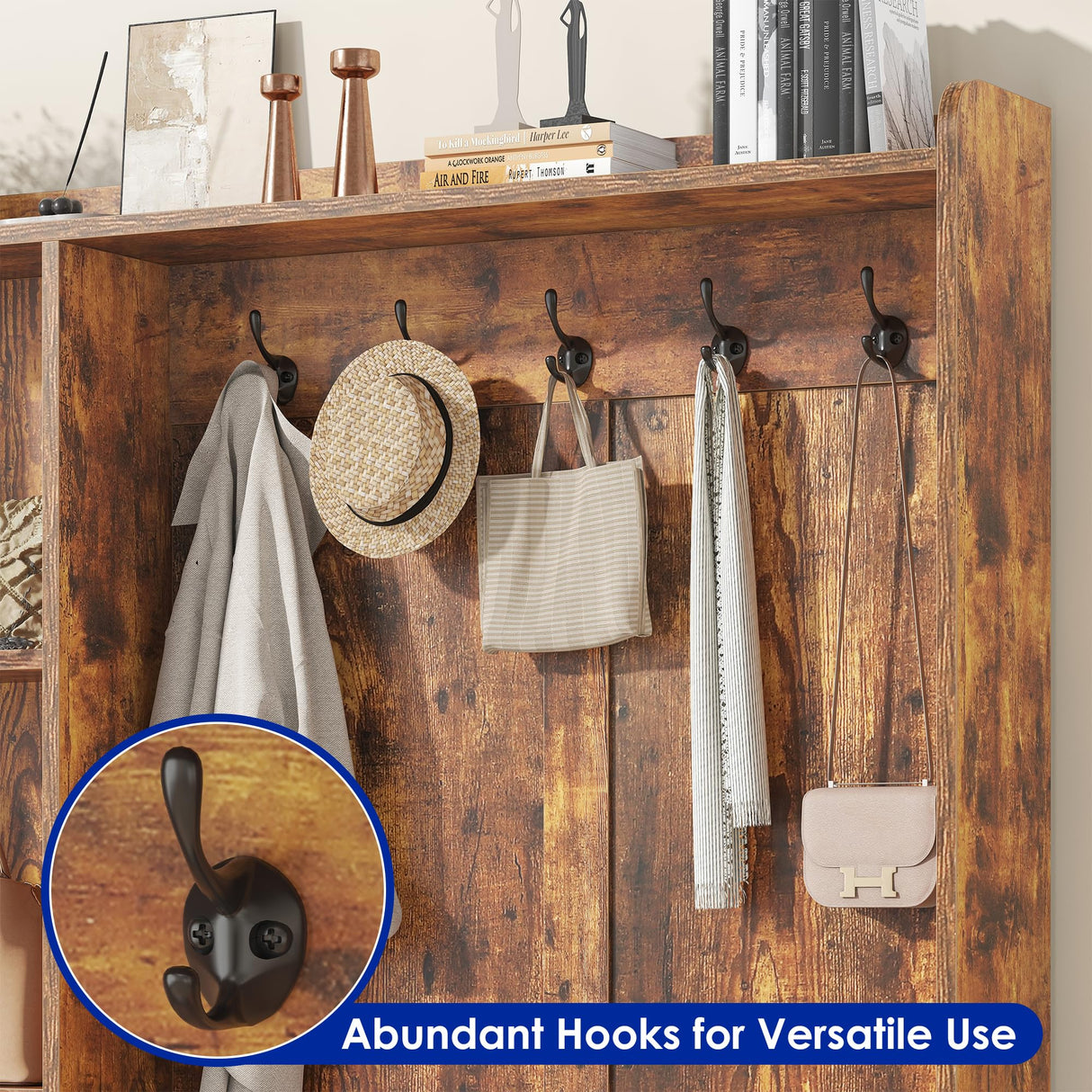 Nosepen Hall Tree with Bench and Shoe Storage, 5-in-1 Entryway Storage Bench, Shoe Rack with Coat Rack, 8 Shoe Cubbies & 5 Coat Hooks, Adjustable Shelf, Top and Side Storage, Rustic Brown Nosepen