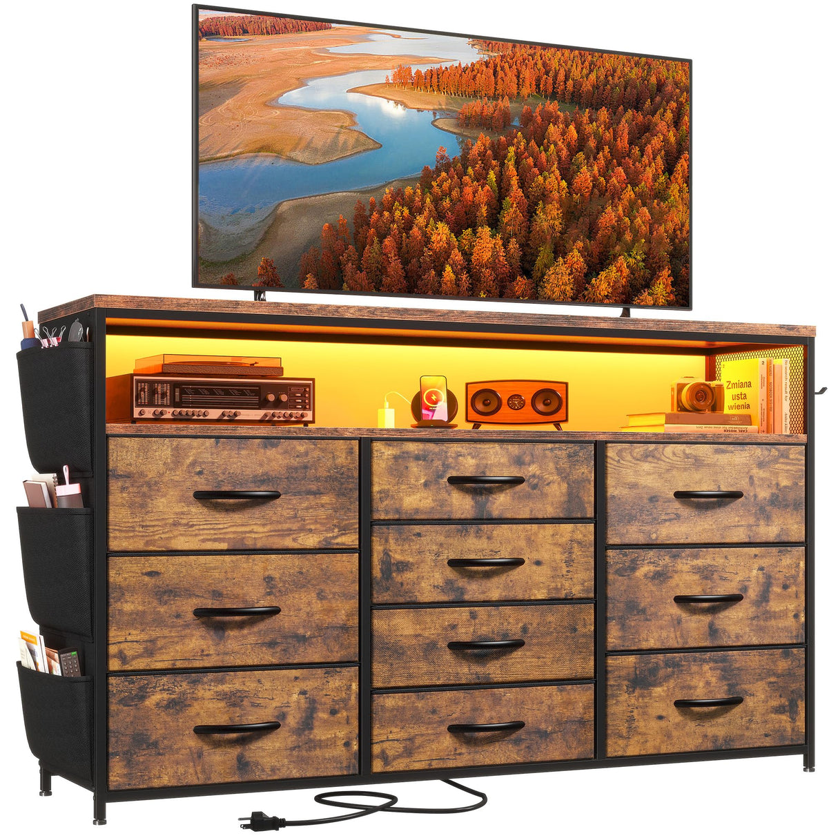 EnHomee Dresser for Bedroom with 10 Fabric Drawers, Dresser with LED Lights & Power Outlets, 55" TV Stand Dresser with Side Pockets and Wood Open Shelves for Bedroom, Entryway, Rustic Brown EnHomee