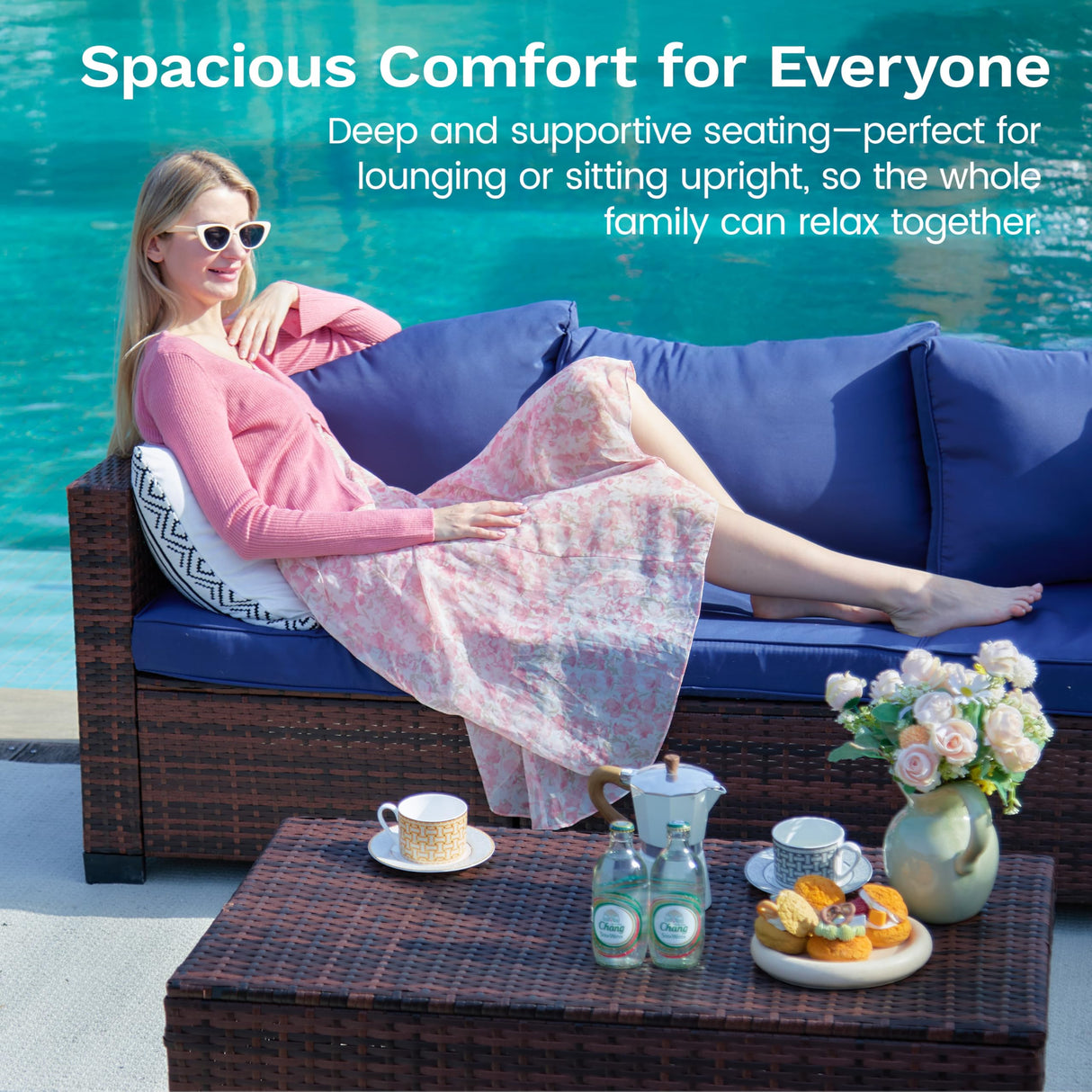 UDPATIO Patio Furniture Set with Fire Pit Table, 6 Pieces Outdoor Conversation Sectional Furniture Sets Wicker Rattan Outdoor Sofa Ottoman with Waterproof Covers for Porch Deck Backyard Blue UDPATIO