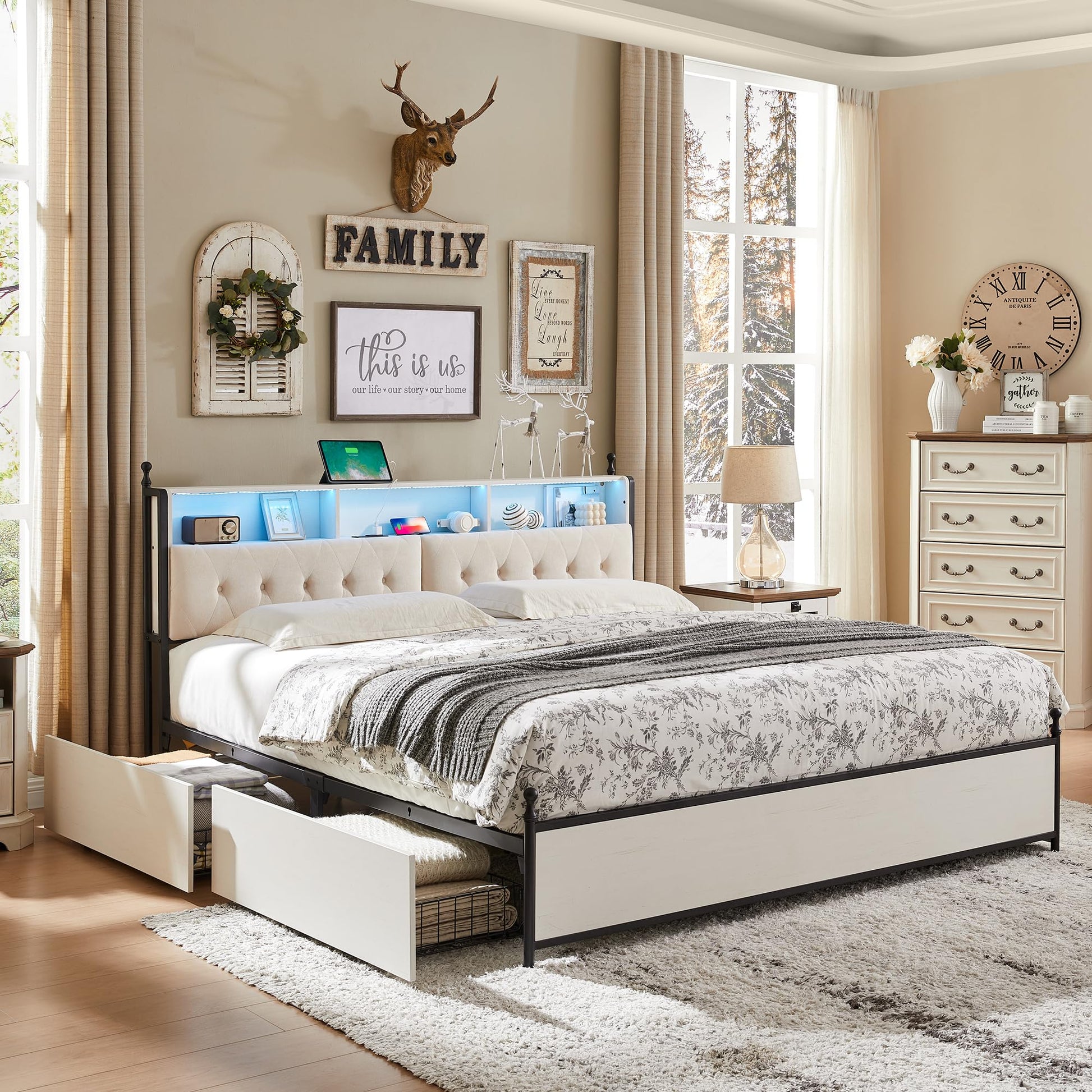 T4TREAM Antique White Queen Bed Frame with Storage and Charging Station - WoodArtSupply