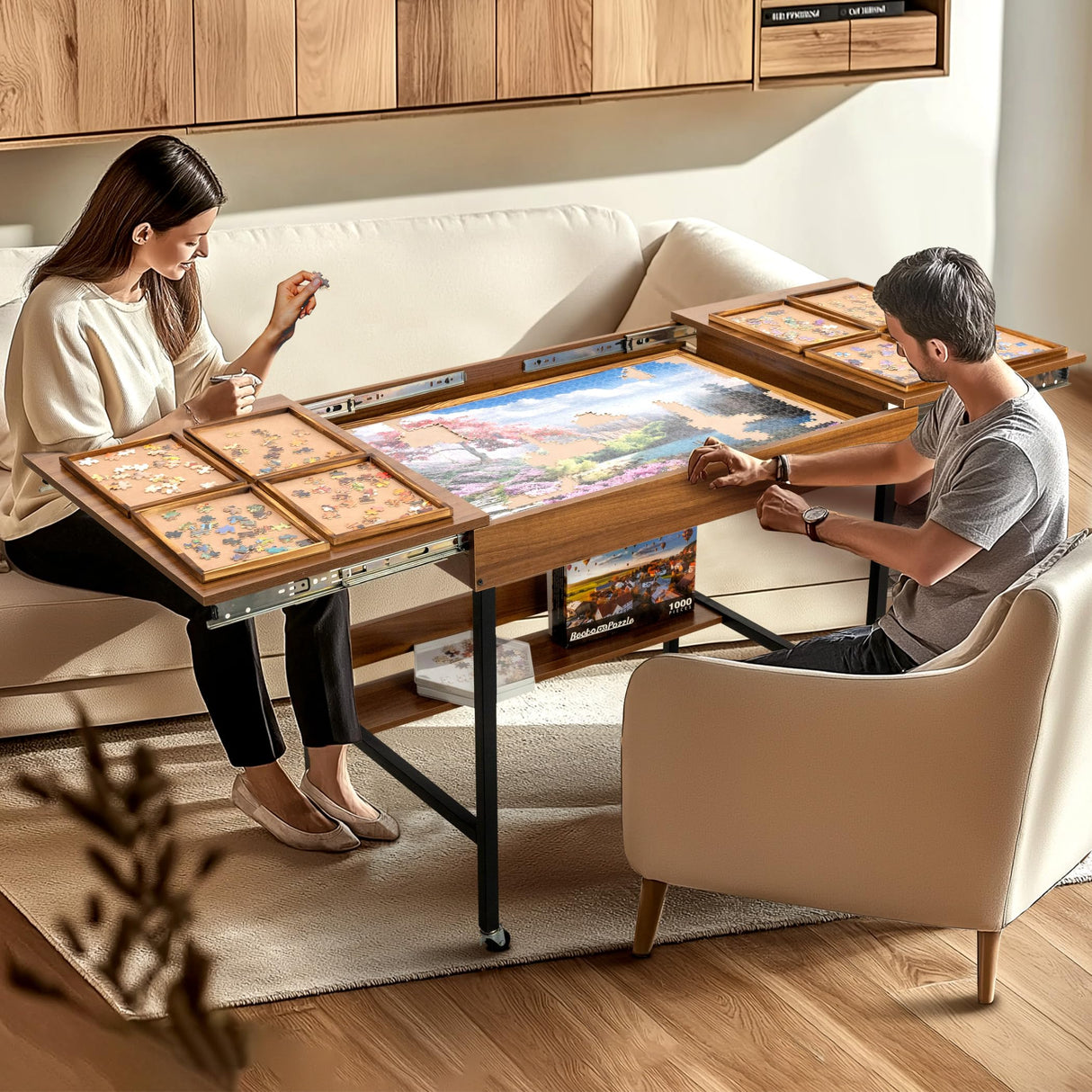 Becko US 2 in 1 Jigsaw Puzzle Table with 8 Sorting Trays, Foldaway & 3 Tilted Angle for Adjusted Height, Universal Wheels for Moves, Shelf Rack for Storage, 30 * 20.1 in for Puzzles Up to 1000 Pieces Becko US