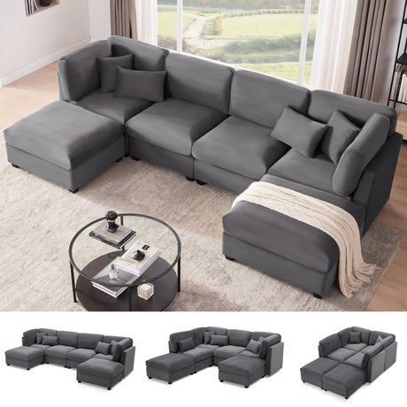 Huatean Home 140 Inch Oversized Corduroy Modular Sectional Sofa, U Shaped Modular Couch with Storage, 6 Seat Convertible Corduroy Couch, Comfy Sectional Couches for Living Room with Memory Foam, Grey Huatean Home
