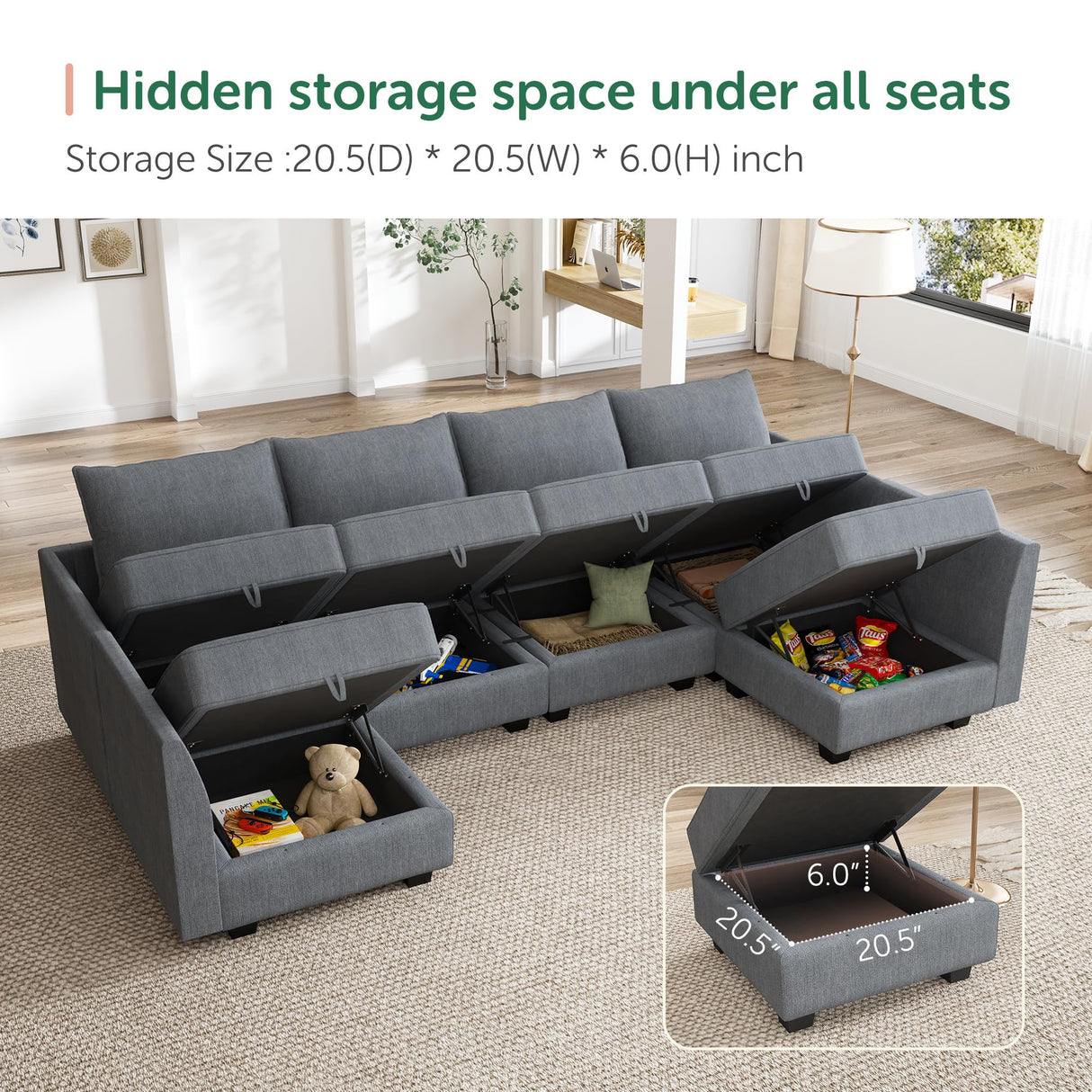 HONBAY Modular Couch U-Shaped Modular Sectional Sofa, Sectional Couch with Storage Seats (U Shape Sofa-2, Bluish Grey) HONBAY