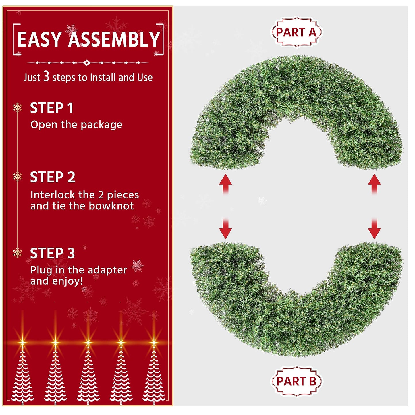 Yaheetech 2PCS 48in Large Artificial Christmas Wreath, Pre-lit Holiday Accent Decoration with Red Bow, 200 LED Lights & 720 PVC Tips, Metal Structure for Door Wall & Mantel