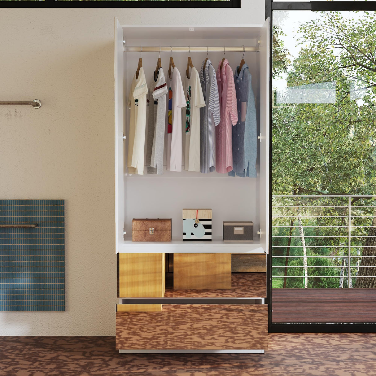 WOODTIME Wardrobe Closet with All Mirror, Wooden Armoire with 2 Doors, 2 Drawers & Hanging Rod, Clothes Storage Cabinet Organizer for Bedroom Apartment, White WOODTIME