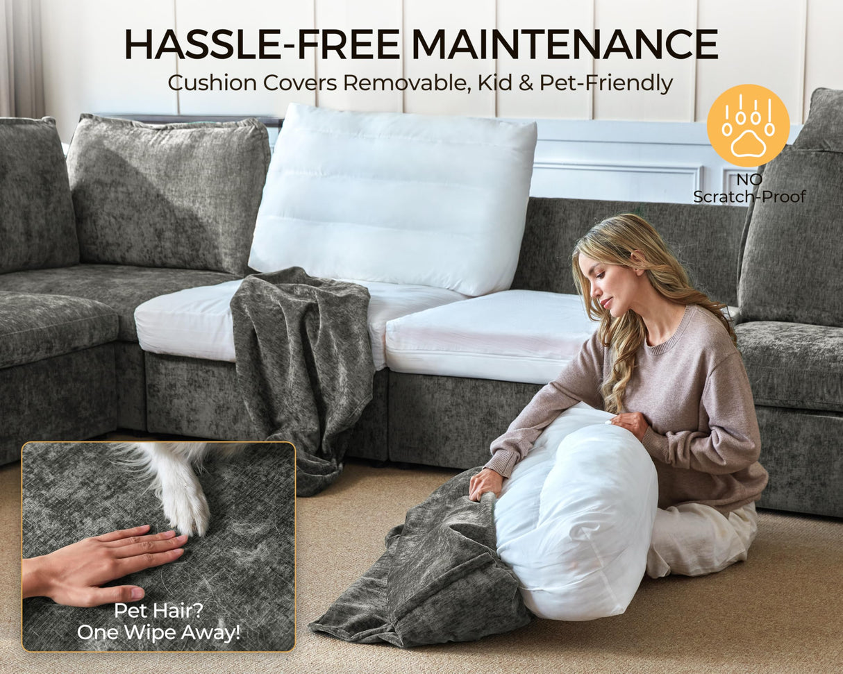 Bedeep Oversized Modular Home Theater Sofa Bed Cloud Couch Sectional, Plush Sleeper Sofa with Versatile Console, Convertible Side Table Charging Storage Cup Holder, Hardware Connected, Chenille, Grey Bedeep