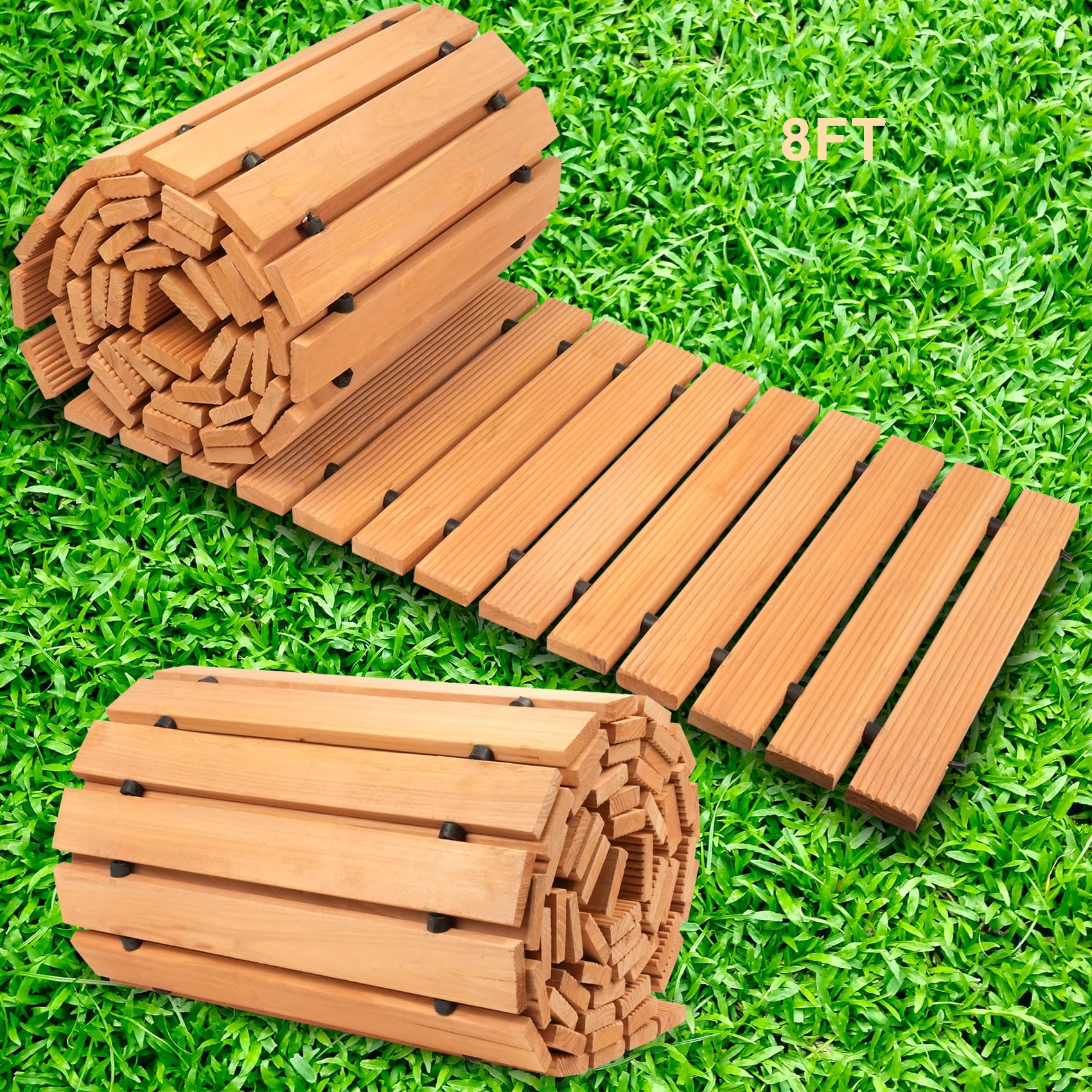 Wooden Garden Pathway 8FT Roll Out Wooden Pathway Garden Boardwalk Walkways Weather-Resistant UV Protected Roll Up Wood Road Floor for Outdoor - WoodArtSupply