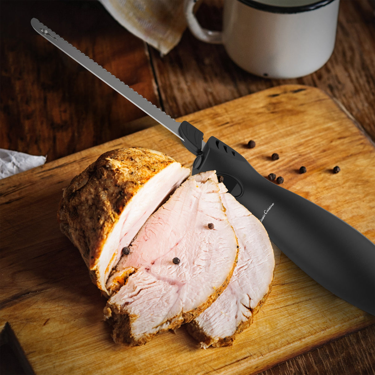 Electric Carving Knife - 8-Inch Serrated Stainless-Steel Blade Cutter with Comfort Grip Handle for Slicing Turkey and Meat by Classic Cuisine (Black) Classic Cuisine