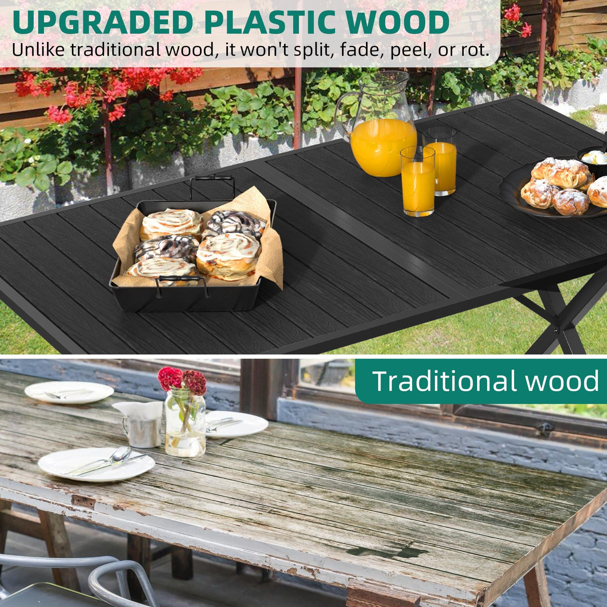 YITAHOME 7 Piece Patio Dining Set, Stackable Chairs with Comfortable Cushions, 59" Rectangle Tables with Metal Frame and Faux Wood Tabletop for Patio Balcony Porch Poolside Lawn Garden, Black YITAHOME